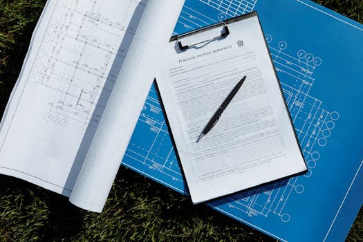 Overhead view of architectural blueprints and a contract with pen on grass, ideal for real estate and construction themes.